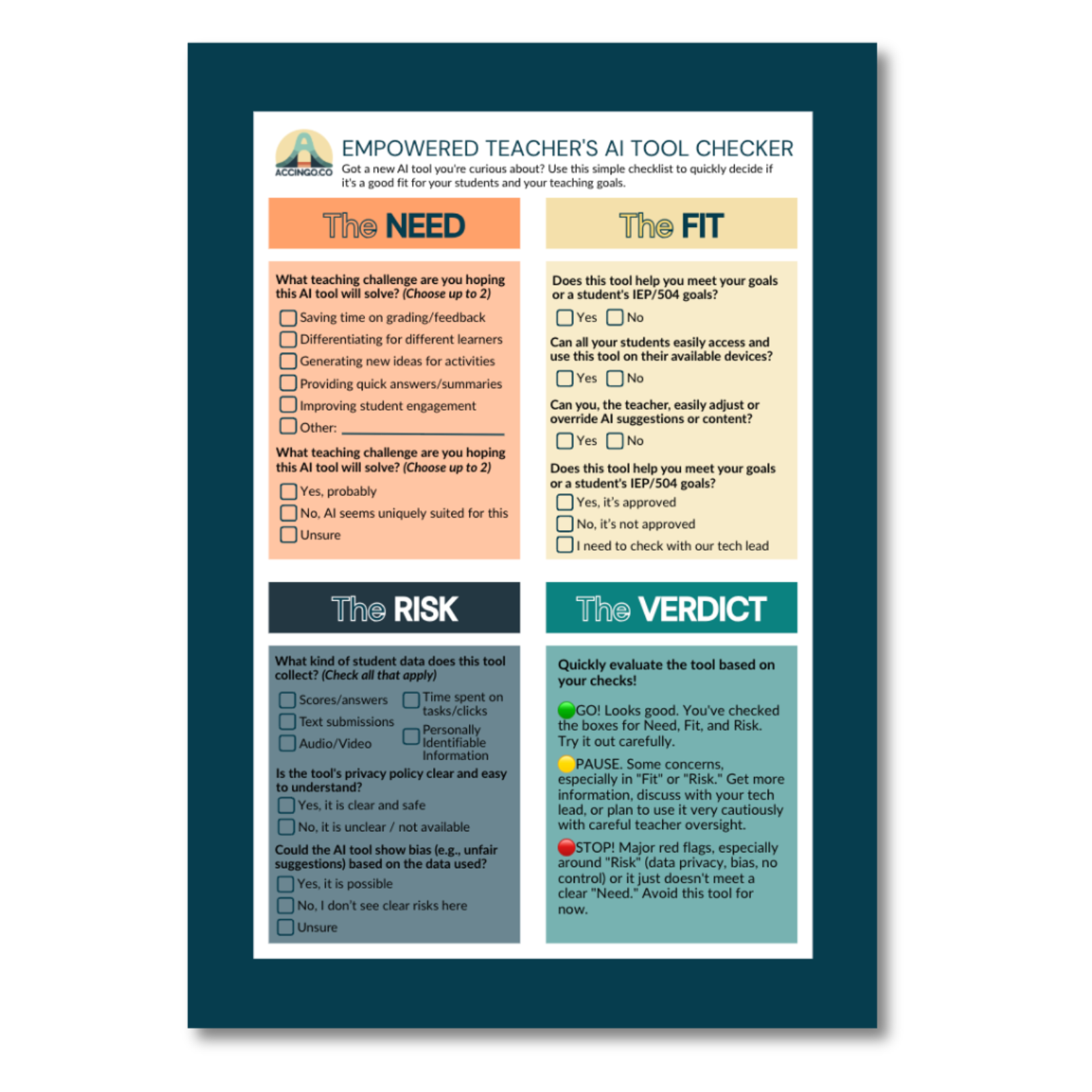 View of a few pages from the Quick Check: Is This AI Tool Right For My Classroom?