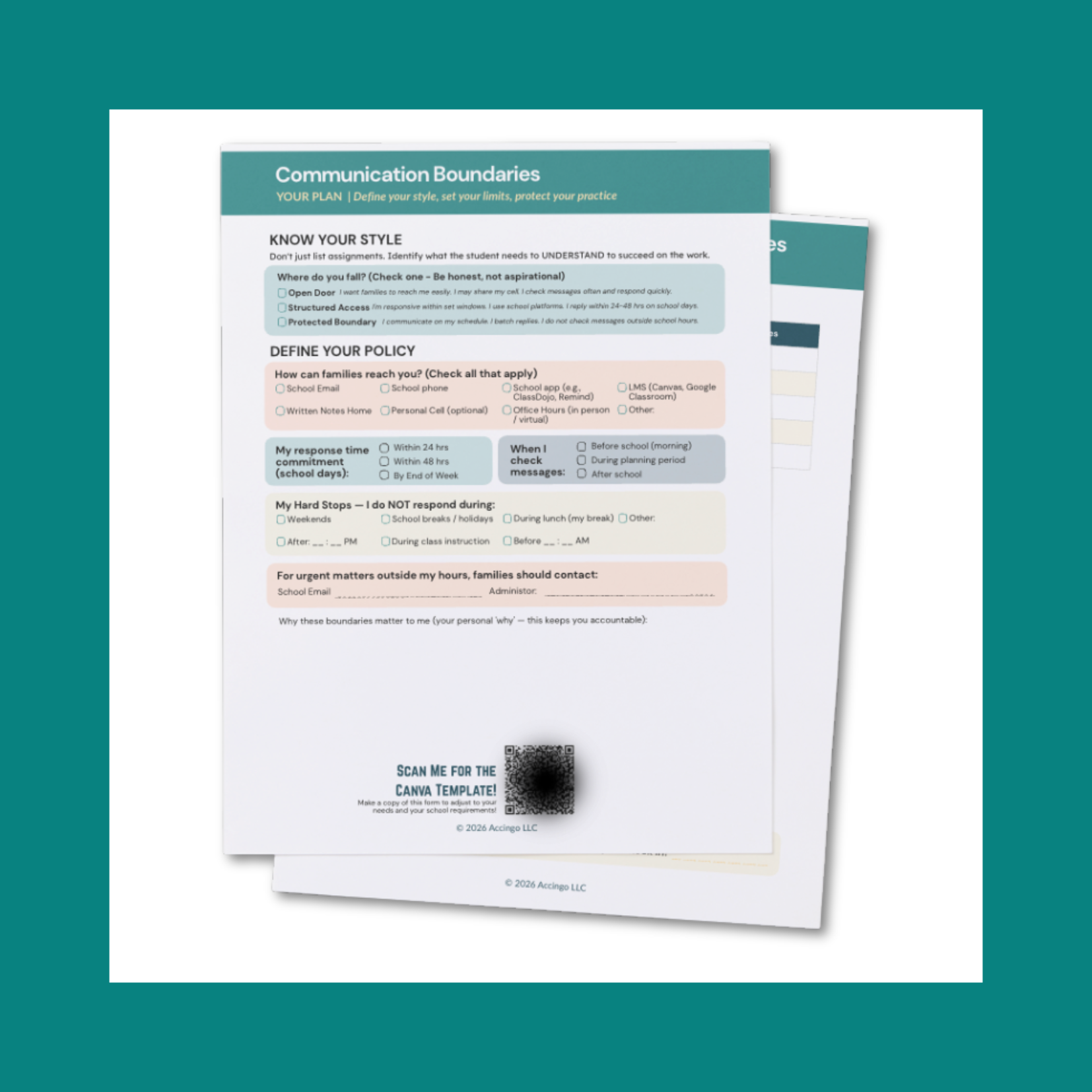 A screenshot of the first page of the Teacher Communication Boundaries & Self-Care Planner