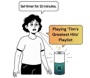 A woman asking an AI assistant to set a timer for 10 minutes and the AI replying 'Playing Tim's Greatest Hits' Playlist' instead.