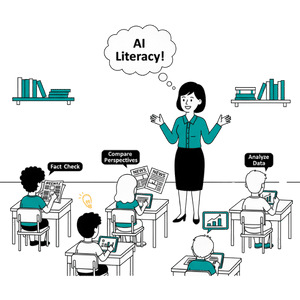 Classroom scene showing familiar activities (fact-checking, analyzing charts, discussing fairness) with 'AI literacy in action!' labels appearing