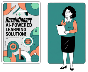 Split-screen showing Flashy 'Revolutionary AI!' ad contrasted with Teacher thoughtfully evaluating checklist asking 'Does it help my students learn?'