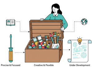 Three distinct tools in action - spell-check correcting text, ChatGPT generating content, Netflix showing recommendations, with arrows pointing to their different functions