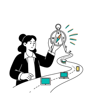 a teacher holding a compass prepared to follow a winding path that has different technology icons on it (e.g., computer, tablet, phone).