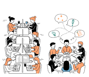 Two contrasting scenes - left shows students working separately on divided tasks, right shows students actively discussing around shared materials with thought bubbles connecting