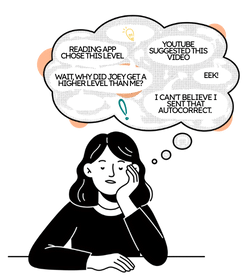 A new version of 'thinking to yourself' in which student thinking is heavily impacted by AI automated suggestions (seen via thought cloud text such as 'YouTube suggested this video' and 'search autocompleted to this'