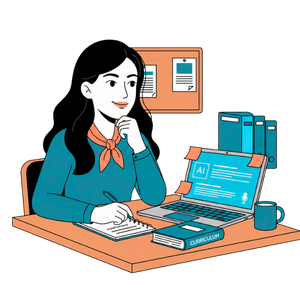 a teacher at her desk confidently creating a lesson plan with AI.