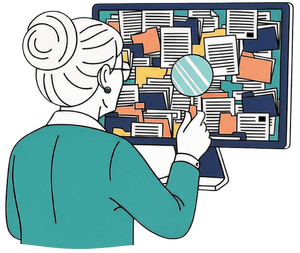 Teacher staring at her computer with a lot of unorganized folders and documents.