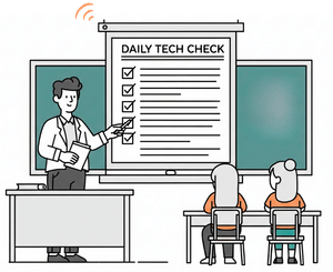 Teacher standing near his frozen computer with bored students watching