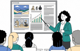 a teacher showing a cluttered presentation and it switches to the same teacher with a clear and concise presentation