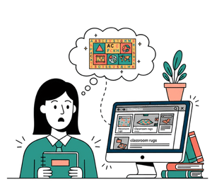 Teacher thinking about a fun classroom carpet and seeing ads for classroom carpets on her computer.