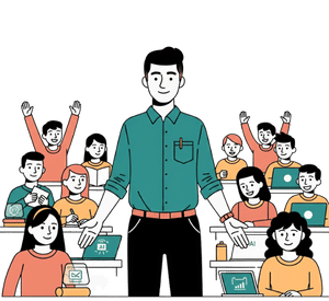 A confident teacher standing in front of his class with engaged students.