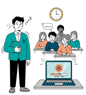 Teacher standing near his frozen computer with bored students watching